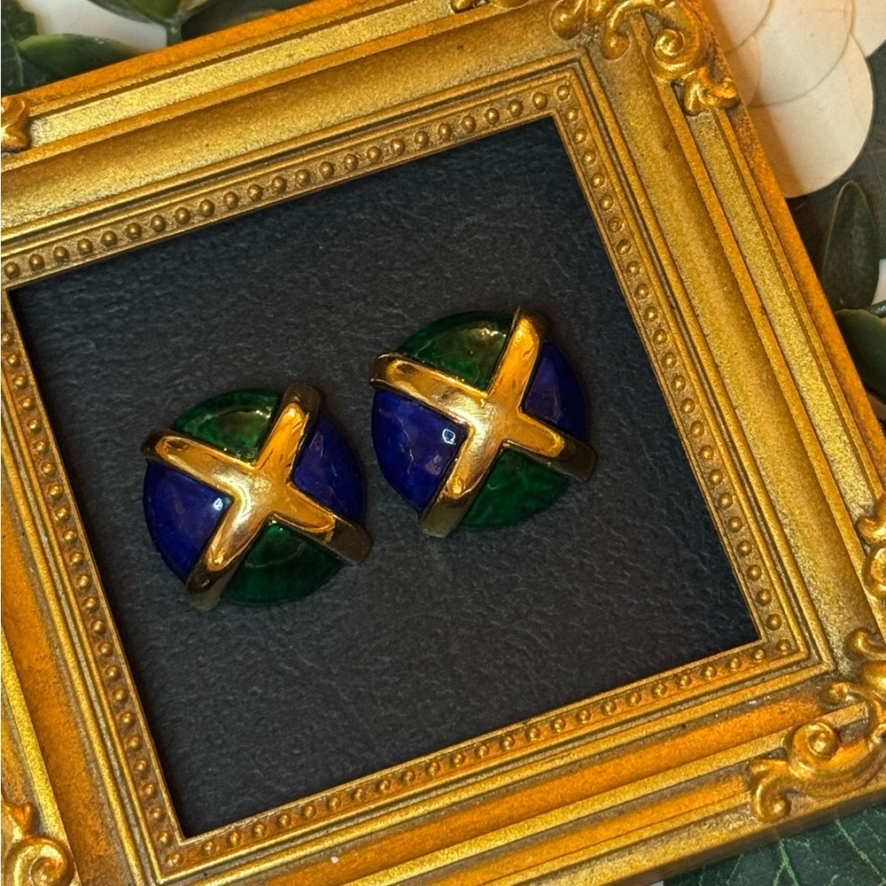 VTG Fabulous Blue and Green Marbled Enamel Goldtone Earrings - Picture 7 of 15